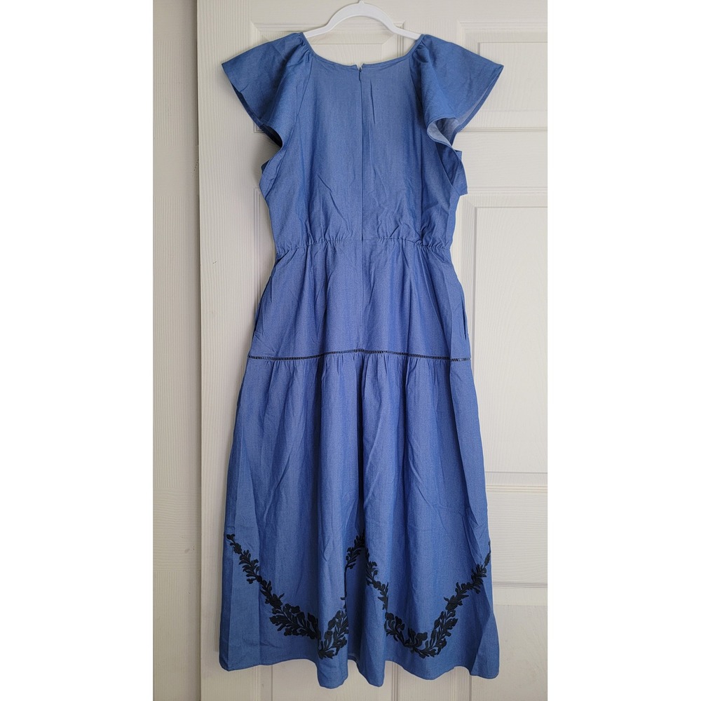 NWT Lost + Wander Riviera Midi Dress Blue Embroidered A-line Tiered Pocket Small - Picture 10 of 16